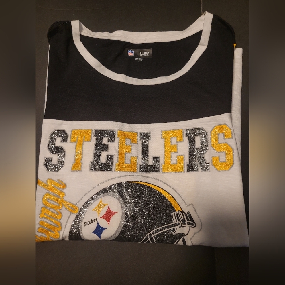New Pittsburgh Steelers NFL Women's 3/4 Sleeve Shirt Glitter Helmet Size Large - Picture 2 of 5